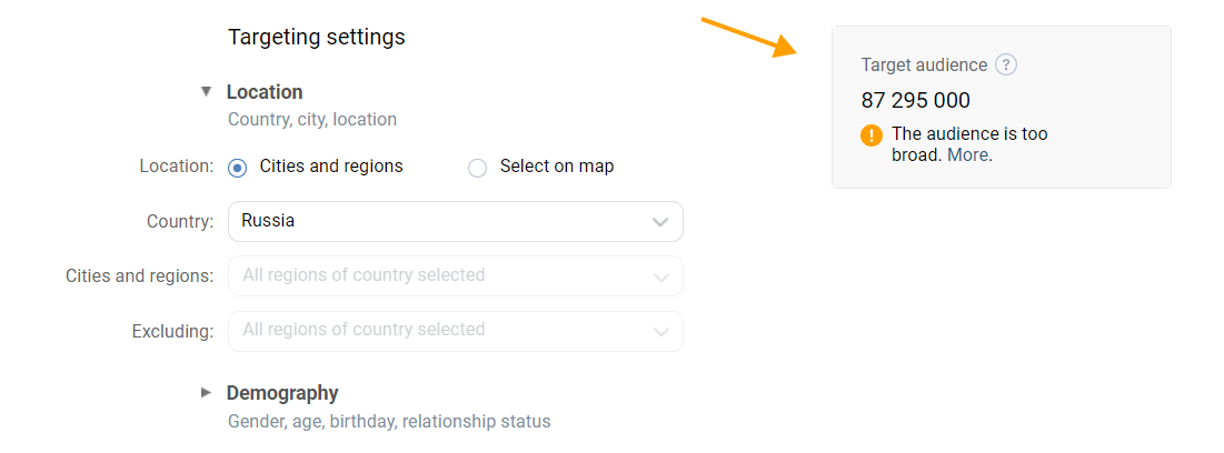 Audience size assessment in the ad account